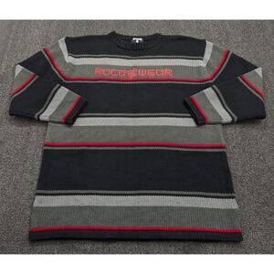Rocawear Men's Black Red Striped Logo Y2K Heavy Knit Sweater Big & Tall Size 2XL